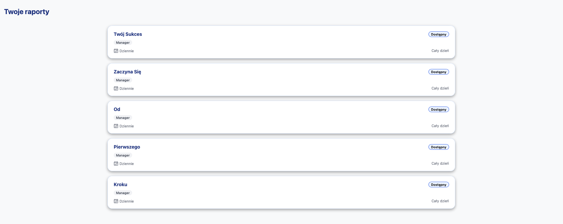 Ekran główny aplikacji z raportami - Twój Sukces Zaczyna Się Od Pierwszego Kroku